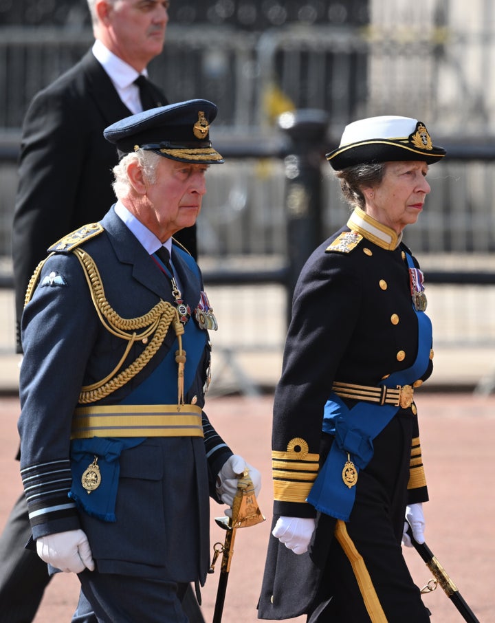 King Charles III and Princess Anne during the walk behind the coffin of their mother, Queen Elizabeth II.