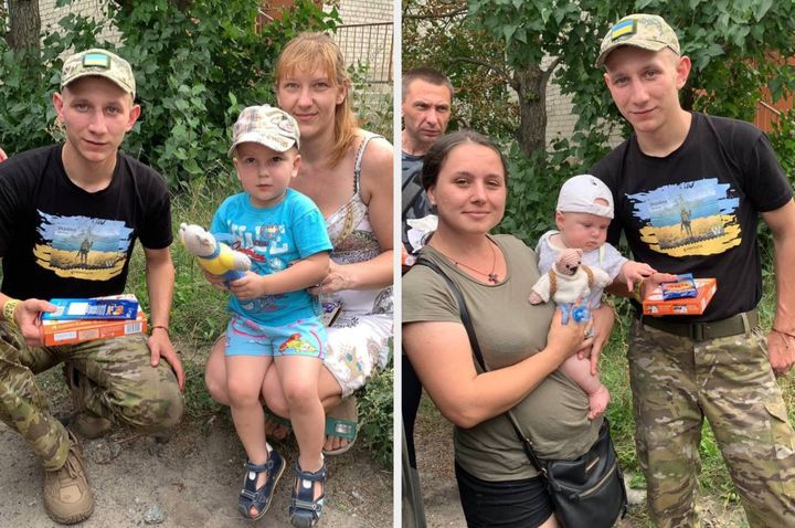 Daniil Ostroverkh handing food to families on the front line in Ukraine