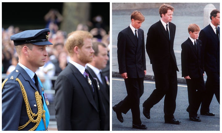 A shot of the two brothers walking on Sep. 14. and a photo (R) of Princes William and Harry walking behind their mother's coffin in 1997.