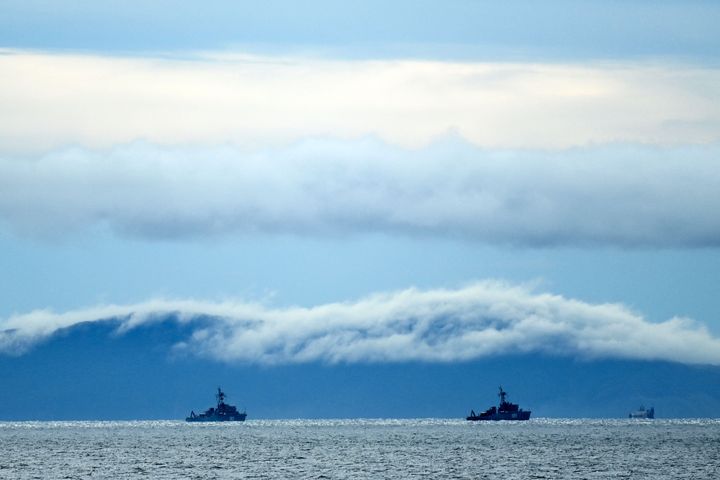 Russian coastal minesweepers take part in the 'Vostok-2022' military exercises at the Peter the Great Gulf of the Sea of Japan outside the city of Vladivostok on Sept. 5, 2022. 