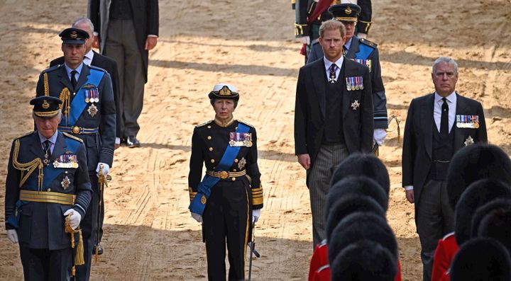 King Charles III, Prince William, Princess Anne, Prince Harry and Prince Andrew, follow the coffin. 