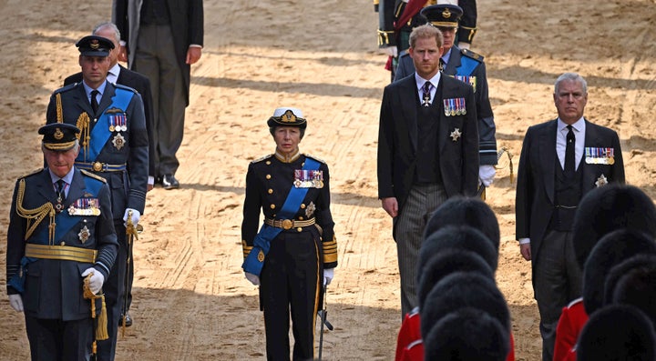King Charles III, Prince William, Princess Anne, Prince Harry and Prince Andrew, follow the coffin.
