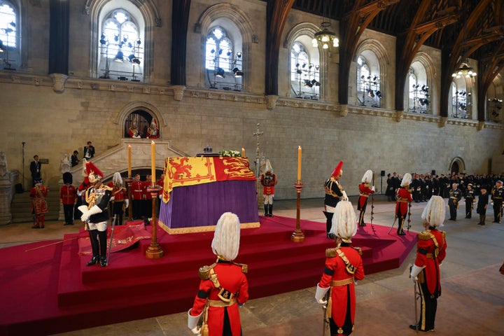 Members of the royal family are seen inside the Palace of Westminster as the First Watch begins their duty during the Lying-in State of Queen Elizabeth II on Sep. 14.