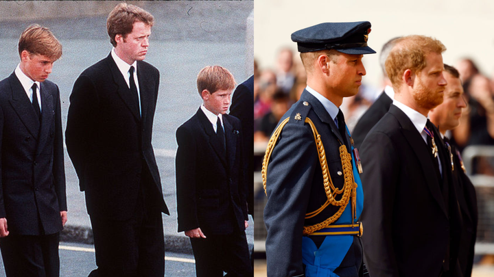Guillermo y Harry en el cortejo fúnebre que acompañó el ataúd de Diana de Gales hace ahora 15 años, y este miércoles, acompañando los restos de su abuela, Isabel II.