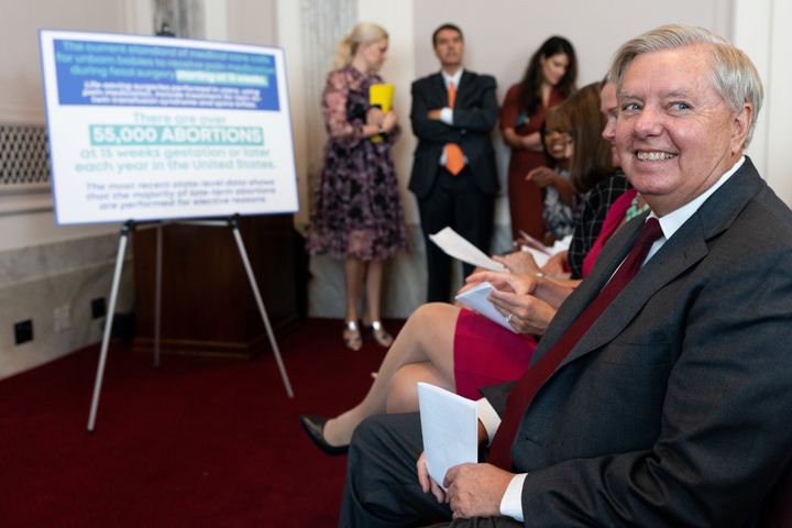 Sen. Lindsey Graham (R-S.C.) smiles before speaking during his news conference on Capitol Hill to announce a national bill on abortion restrictions on Tuesday.