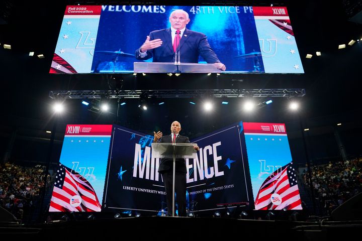 Former Vice President Mike Pence addresses the Convocation at Liberty University Wednesday Sep. 14, 2022, in Lynchburg, Virginia.