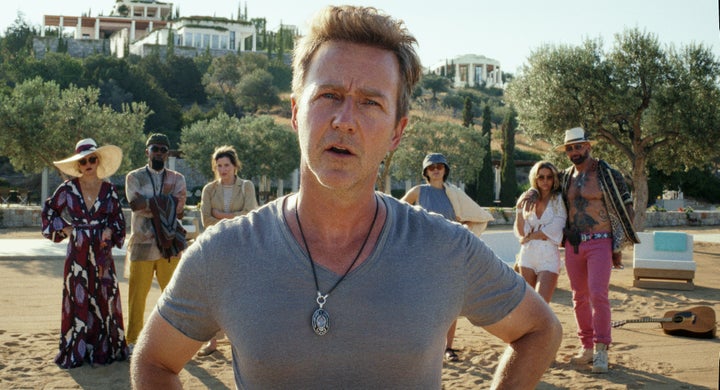 (Left to right) Kate Hudson, Leslie Odom Jr., Kathryn Hahn, Edward Norton, Jessica Henwick, Madelyn Cline and Dave Bautista in "Glass onion: a mystery at loggerheads."
