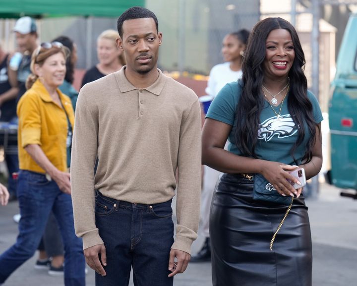 Tyler James Williams and Janelle James in a scene from the Season 2 premiere of "Abbott Elementary."