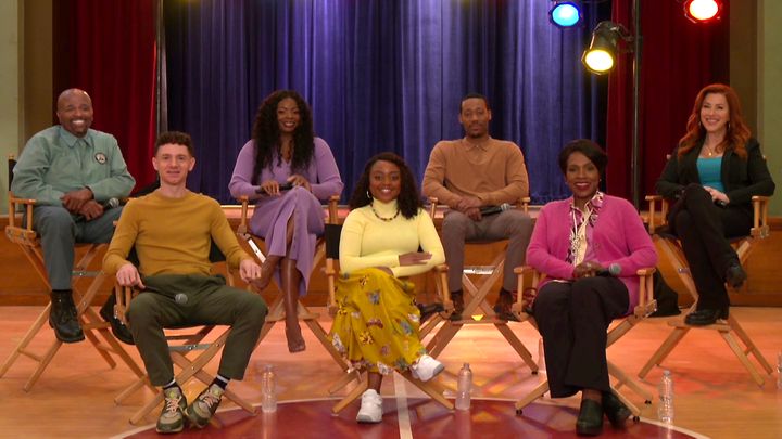 The cast of ABC "Abbott Elementary School" during the Television Critics Association's virtual press tour on Wednesday.  Left to right: William Stanford Davis, Chris Perfetti, Janelle James, Quinta Brunson, Tyler James Williams, Sheryl Lee Ralph and Lisa Ann Walter.
