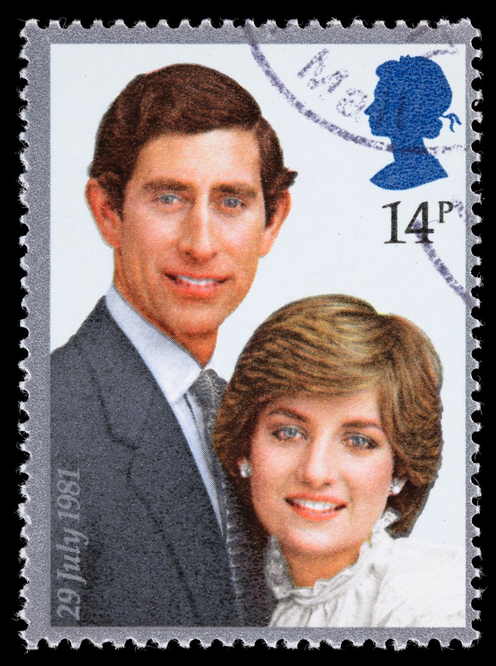 The wedding of Prince Charles of Wales and Lady Diana Spencer, as seen on a stamp of the time.