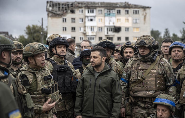 Ukrainian president Volodymyr Zelenskyy visits the retaken city of Izyum on September 14, 2022.