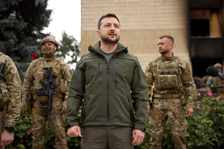 Ukraine's President Volodymyr Zelenskyy visits the town of Izium recently liberated