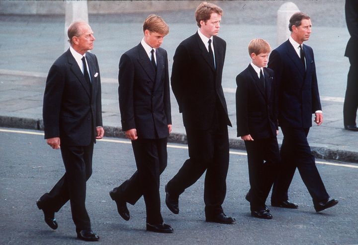 Prince Philip, Prince William, Earl Spencer, Prince Harry and Prince Charles follow the coffin of Diana, Princess of Wales, on Sept. 6, 1997.