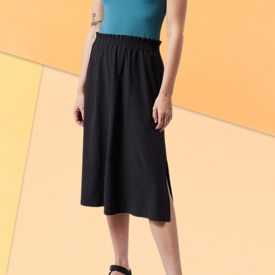 Nlife Women High Waist Front Button Side Pocket A-Line Midi Skirt