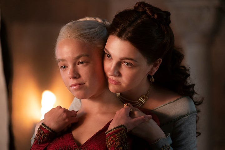 Milly Alcock as young Princess Rhaenyra Targaryen and Emily Carey as young Alicent Hightower in “House of the Dragon.”