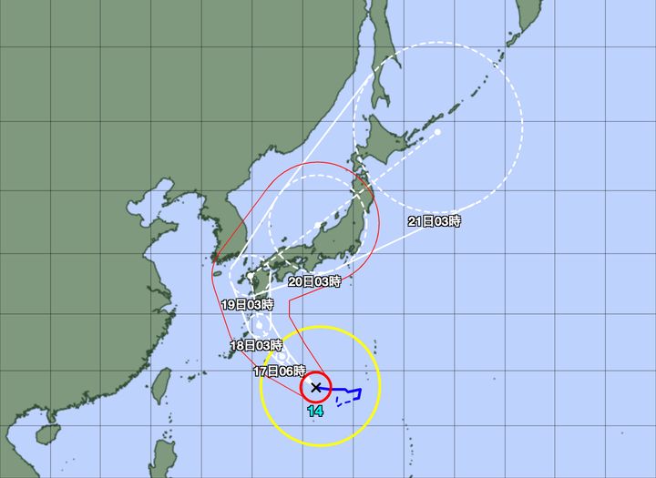 台風14号の予想経路図
