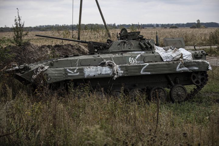 An abandoned Russian military tank is seen after Moscow forces withdrew from Balakliia in Ukraine.