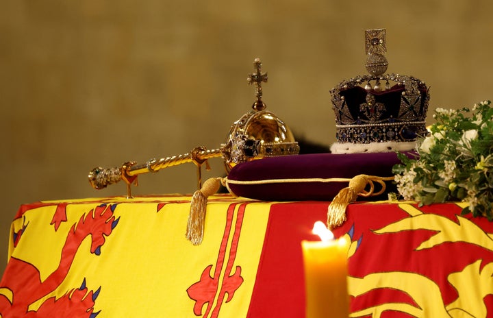 The Crown Jewels on top of the Queen's coffin as it lies in state in Westminster Hall