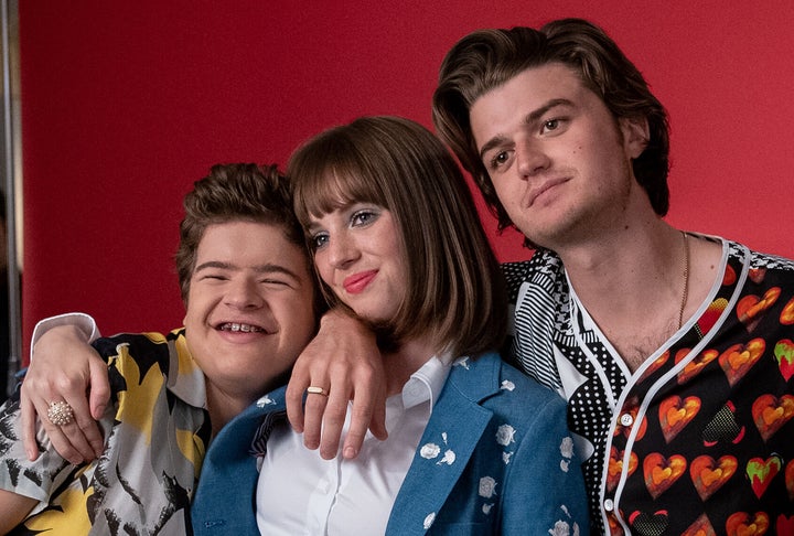 Gaten Matarazzo, Maya Hawke and Joe Keery at the "Stranger Things" press junket in 2019.