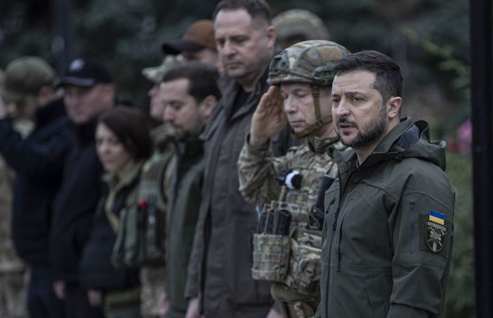 President Volodymyr Zelenskyy during flag hoisting ceremony in Izium after the Ukrainian forces took control of the city from the Russian forces in Kharkiv, Ukraine on Wednesday