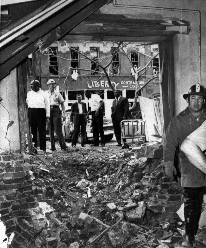 Debris is strewn from a bomb that exploded near a basement room of the Sixteenth Street Baptist Church in Birmingham, Ala. on Sept. 15, 1963, killing four Black girls. 