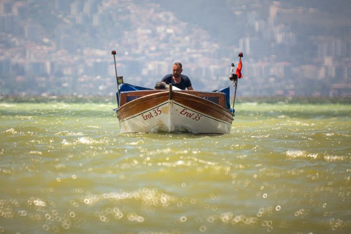 View of a fisherman sailing in Izmir Gulf.The 31st of May, 2022.