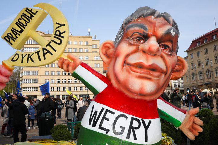 A statiric figure of Prime Minister of Hungary Viktor Orban is seen during anti-government parade that walked through the streets of Krakow, Poland on 14 April, 2019. A figure was created by German cartoonist Jacques Tilly (Photo by Beata Zawrzel/NurPhoto via Getty Images)