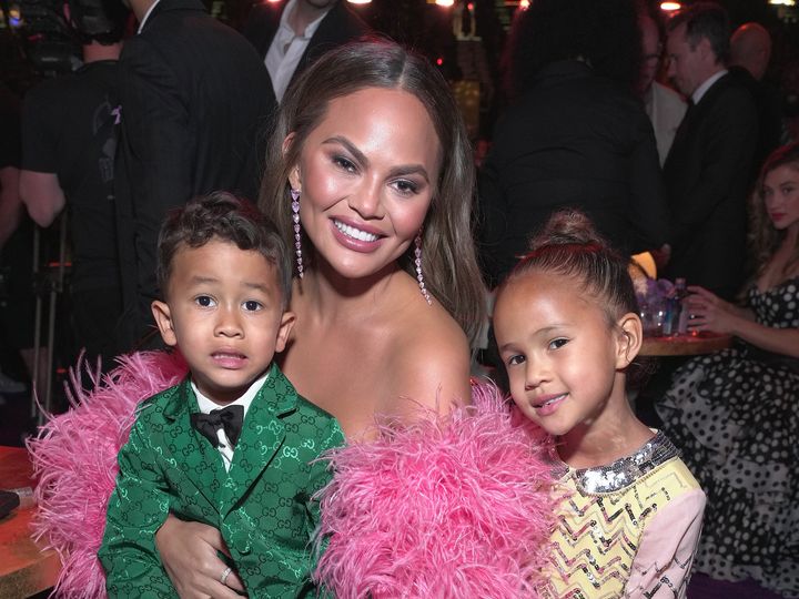 Teigen with her children, Miles and Luna Stephens, at the Grammys in April.