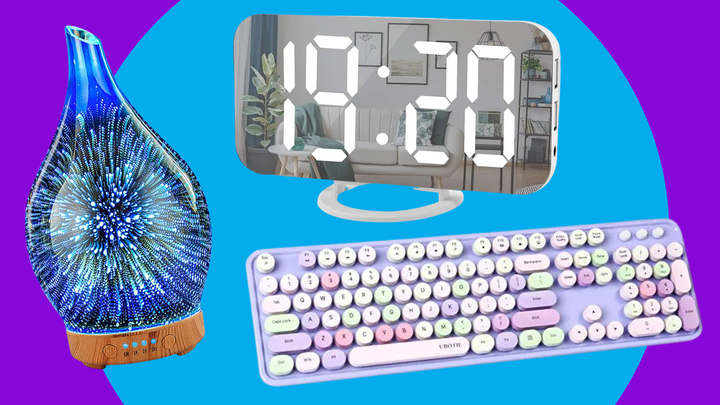 Essential oil diffuser, digital alarm clock and colorful keyboard.