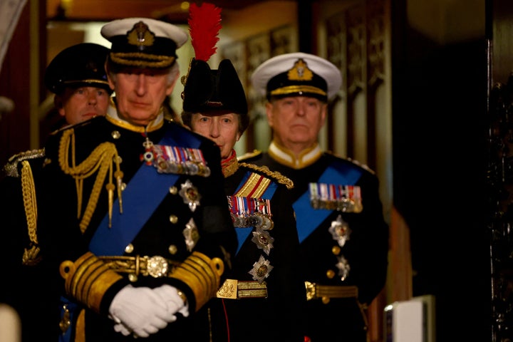 King Charles III, the Princess Royal, the Duke of York (right) and the Earl of Wessex (left) arrive to hold a vigil beside the coffin of their mother, Queen Elizabeth II, as it lies in state on the catafalque in Westminster Hall, at the Palace of Westminster, London. Picture date: Friday September 16, 2022.