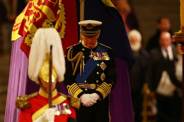 King Charles III holds a vigil along with the Princess Royal, the Duke of York and the Earl of Wessex beside the coffin of their mother, Queen Elizabeth II, as it lies in state on the catafalque in Westminster Hall, at the Palace of Westminster, London. Picture date: Friday September 16, 2022.