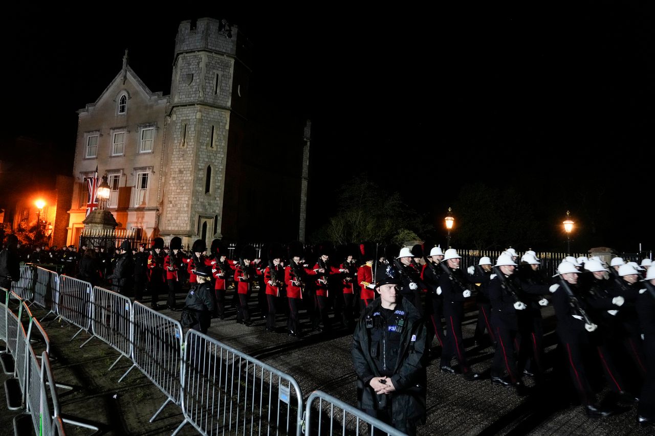 British military personnel take part in final drills along the Long Walk, as they prepare for the State Funeral of Queen Elizabeth lI, near Windsor Castle, England, Saturday, Sept. 17, 2022. The Queen will lie in state in Westminster Hall for four full days before her funeral on Monday Sept. 19. (AP Photo/Gregorio Borgia)
