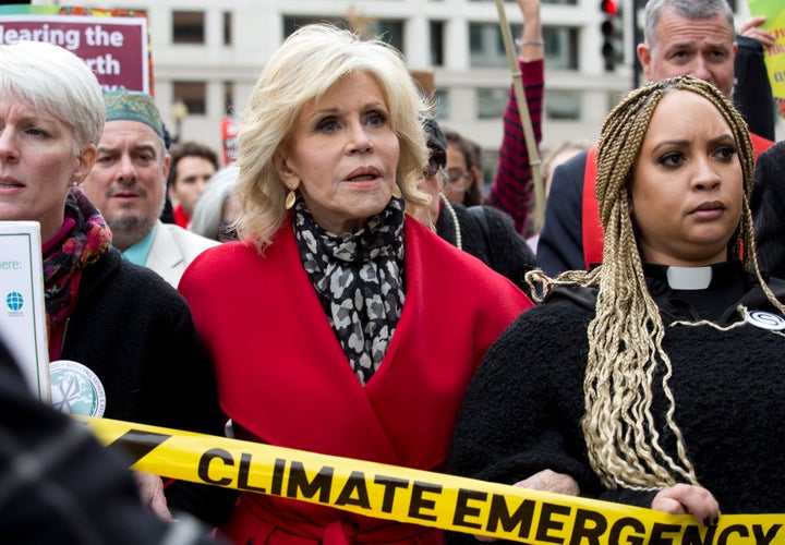 Actress and activist Jane Fonda along with others, march in downtown during the "Fire Drill Fridays" protest, calling on Congress for action to address climate change, Friday, Dec. 6, 2019, in Washington, D.C.