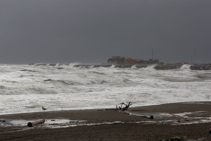 Bering Sea waves break out at a jetty on Friday, September 16, 2022 in Nome, Alaska.  Flooding and high winds could be seen across much of Alaska's west coast as the remnants of Typhoon Merbok moved into the Bering Sea region. 