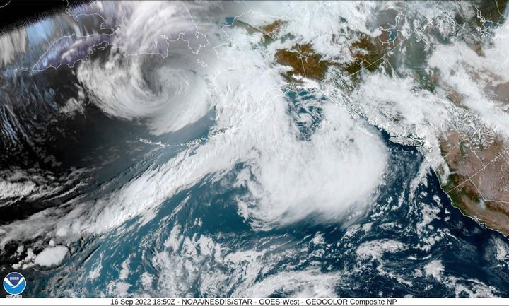 This image provided by the National Hurricane Center and the Central Pacific Hurricane Center/National Oceanic and Atmospheric Administration shows a satellite view of Alaska, Friday, September 16, 2022.