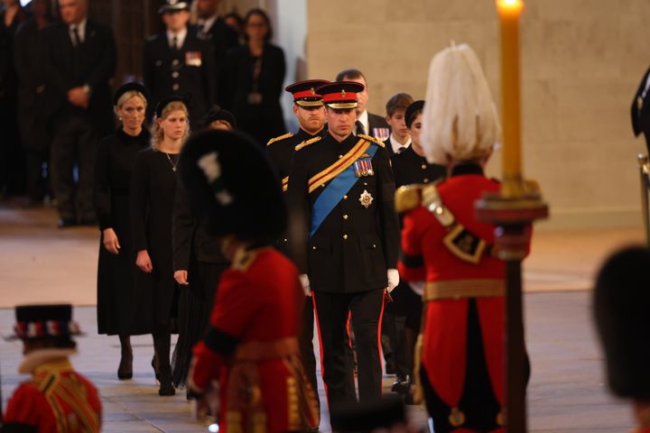 Prince William, Prince of Wales, Prince Harry, Duke of Sussex, Princess Eugenie of York, Princess Beatrice of York, Peter Phillips, Zara Tindall, Lady Louise Windsor, James, Viscount Severn arrive to hold a vigil in honour of Queen Elizabeth II at Westminster Hall 