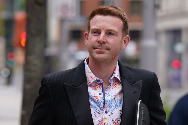 Ex-BBC presenter Alex Belfield arrives at Nottingham Crown Court for trial charged with stalking corporation staff members. (Photo by Jacob King/PA Images via Getty Images)