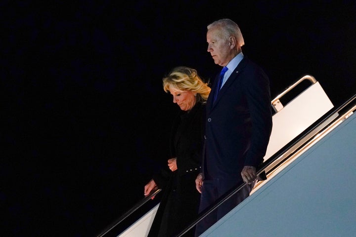 President Joe Biden and first lady Jill Biden arrive at London Stansted Airport, in Stansted, Britain, Saturday, Sept. 17, 2022. The Bidens are in London to attend the funeral for Queen Elizabeth II. (AP Photo/Susan Walsh)