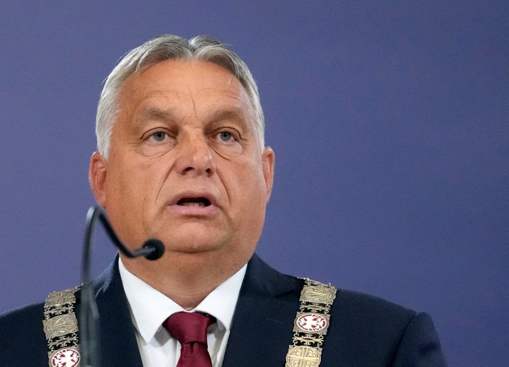 Hungary's Prime Minister Viktor Orban speaks during a news conference with Serbian President Aleksandar Vucic in Belgrade, Serbia, Friday, Sept. 16, 2022. Orban is on a one day working visit to Serbia. (AP Photo/Darko Vojinovic)