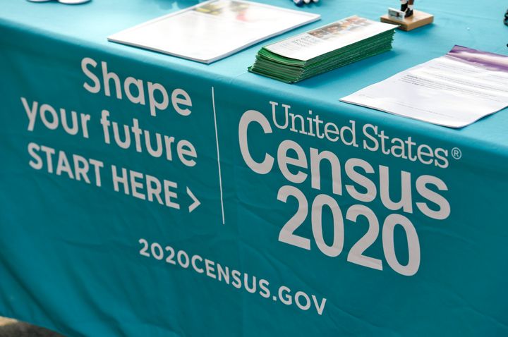 A photo of the information table for the 2020 Census is seen outside a recreation center in Reading, Pennsylvania during an event to encourage people to fill out the census.