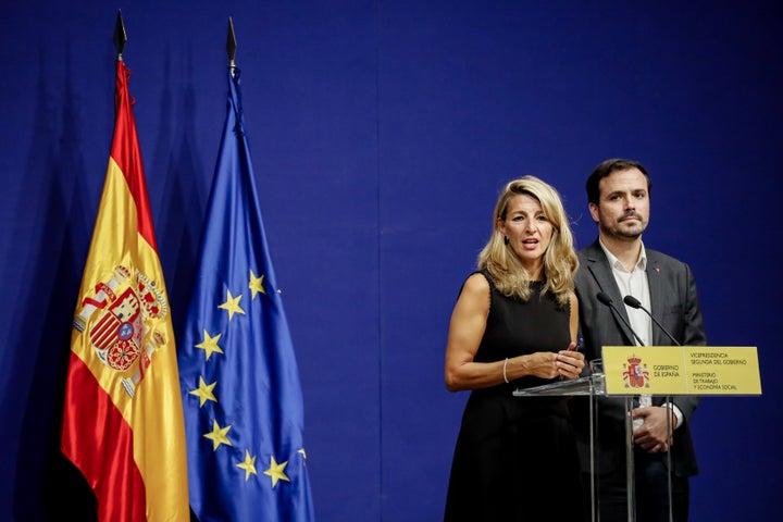 Yolanda Díaz y Alberto Garzón en una conferencia de prensa