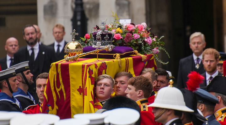 The coffin of Queen Elizabeth II on the way to Westminster Abbey, for her state funeral