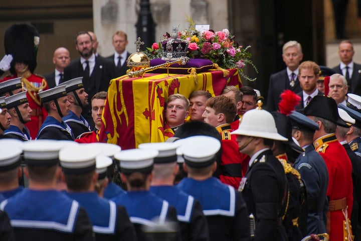 The coffin of Queen Elizabeth II on the way to Westminster Abbey, for her state funeral