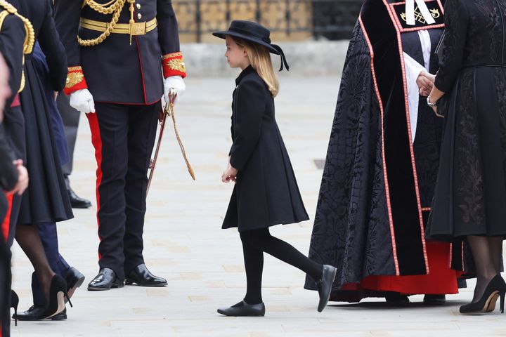 Princess Charlotte of Wales arrives for the funeral of her great-grandmother. 