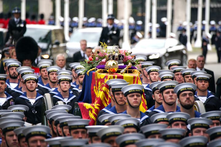 The State Gun Carriage carries the coffin of Queen Elizabeth II to Westminster Abbey.