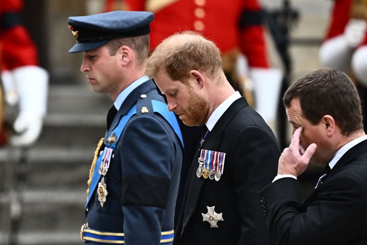 Prince William and Prince Harry walked side-by-side at Queen Elizabeth's funeral procession to Westminster Abbey, alongside their cousin, Peter Phillips. 