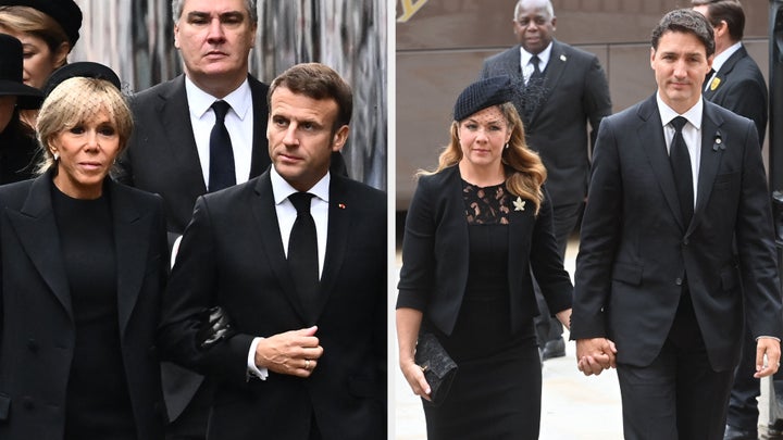 Emmanuel Macron and Justin Trudeau arrive at Westminster Abbey.