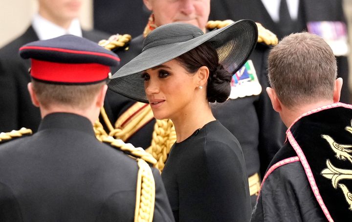 Meghan, Duchess of Sussex, arrives at Westminster Abbey for the state funeral of Queen Elizabeth II on Monday.