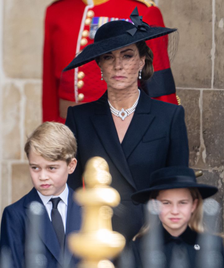 Prince George and Princess Charlotte with the Princess of Wales during the state funeral of Queen Elizabeth II.