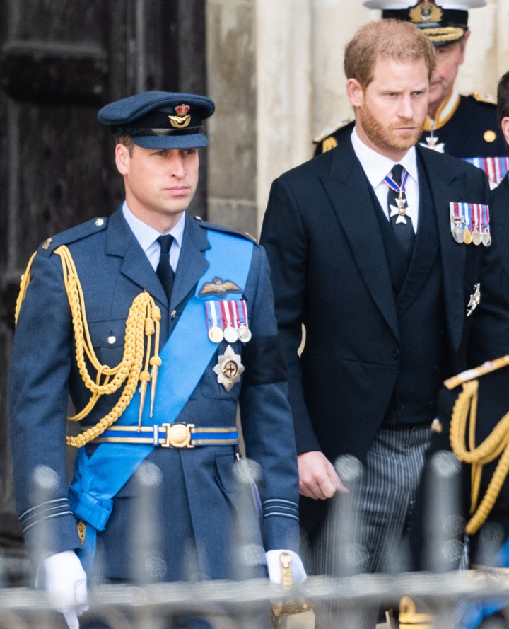 The Prince of Wales and Duke of Sussex during the state funeral of Queen Elizabeth II at Westminster Abbey on Sep. 19.